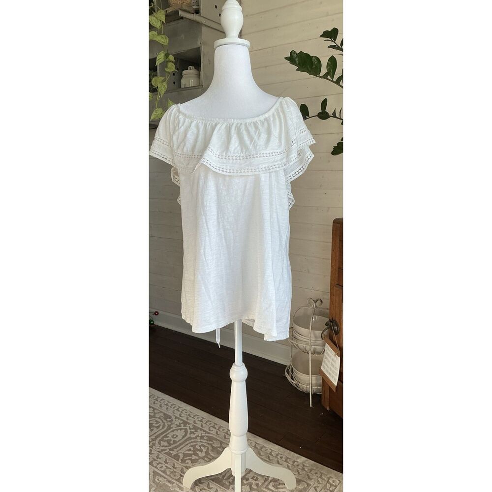 Old Navy 100% Cotton Ruffle Feminine White Off The Shoulder Top Size Large